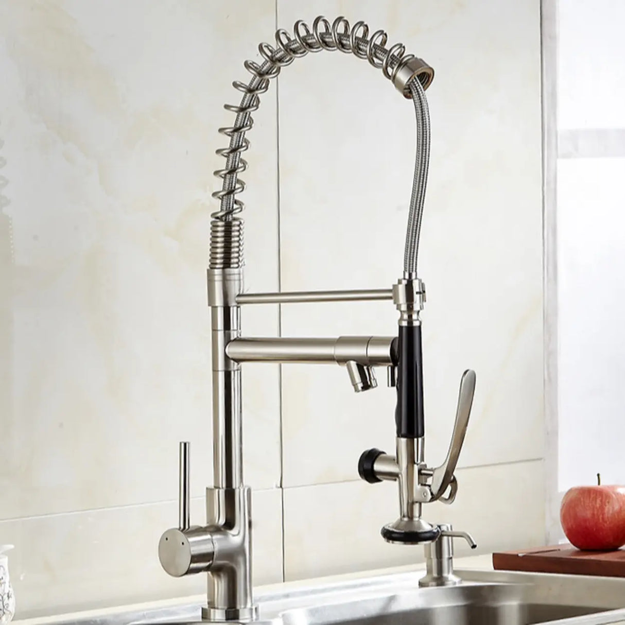 Brass Spring Neck Swivel Spout Kitchen Faucet with Spray Image - 4