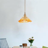 Brass Vintage Amber Glass Flower Pendant Light Image - 1