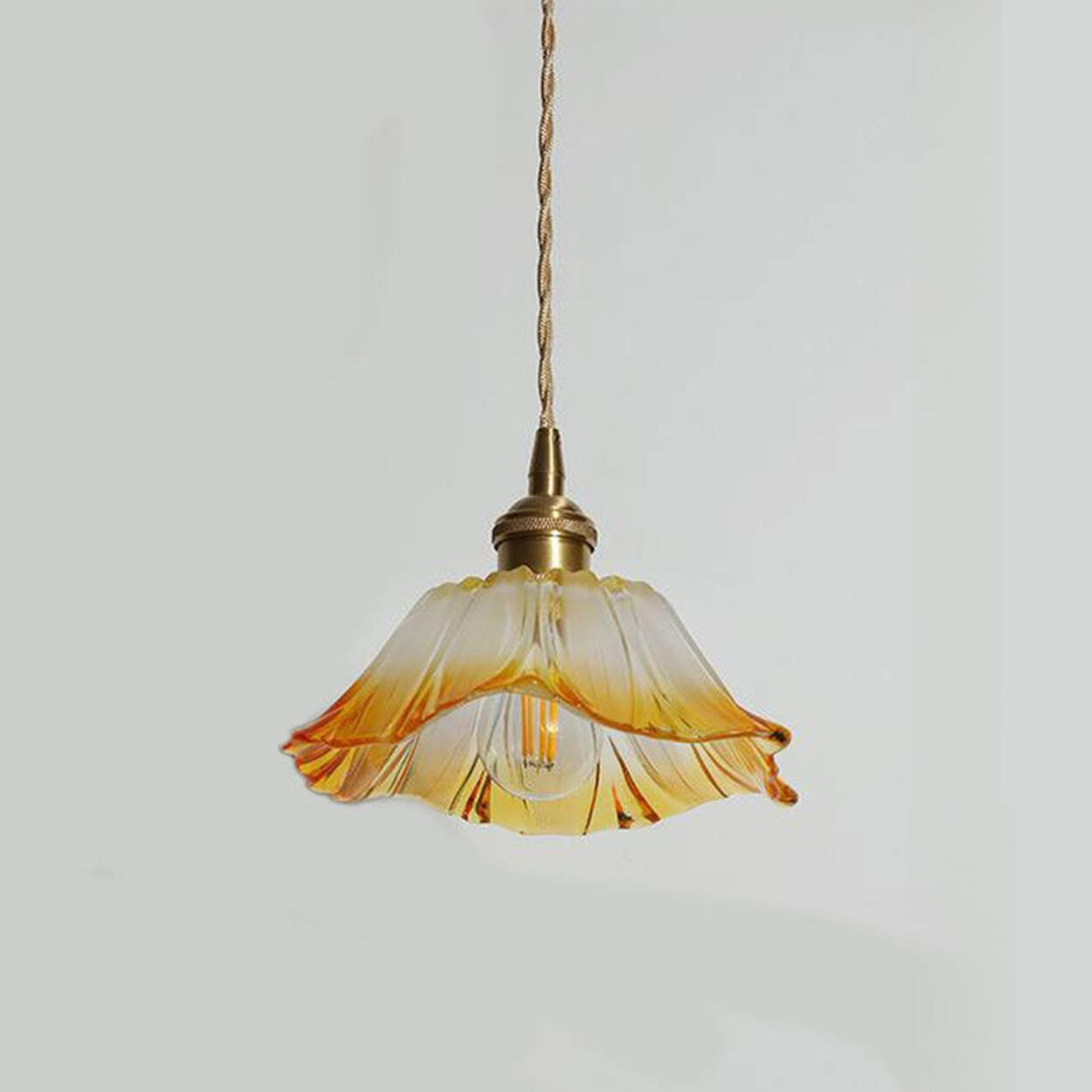 Brass Vintage Amber Glass Flower Pendant Light Image - 10