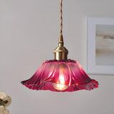 Brass Vintage Amber Glass Flower Pendant Light Image - 2