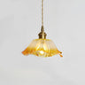 Brass Vintage Amber Glass Flower Pendant Light Image - 6