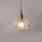 Brass Vintage Amber Glass Flower Pendant Light Image - 7