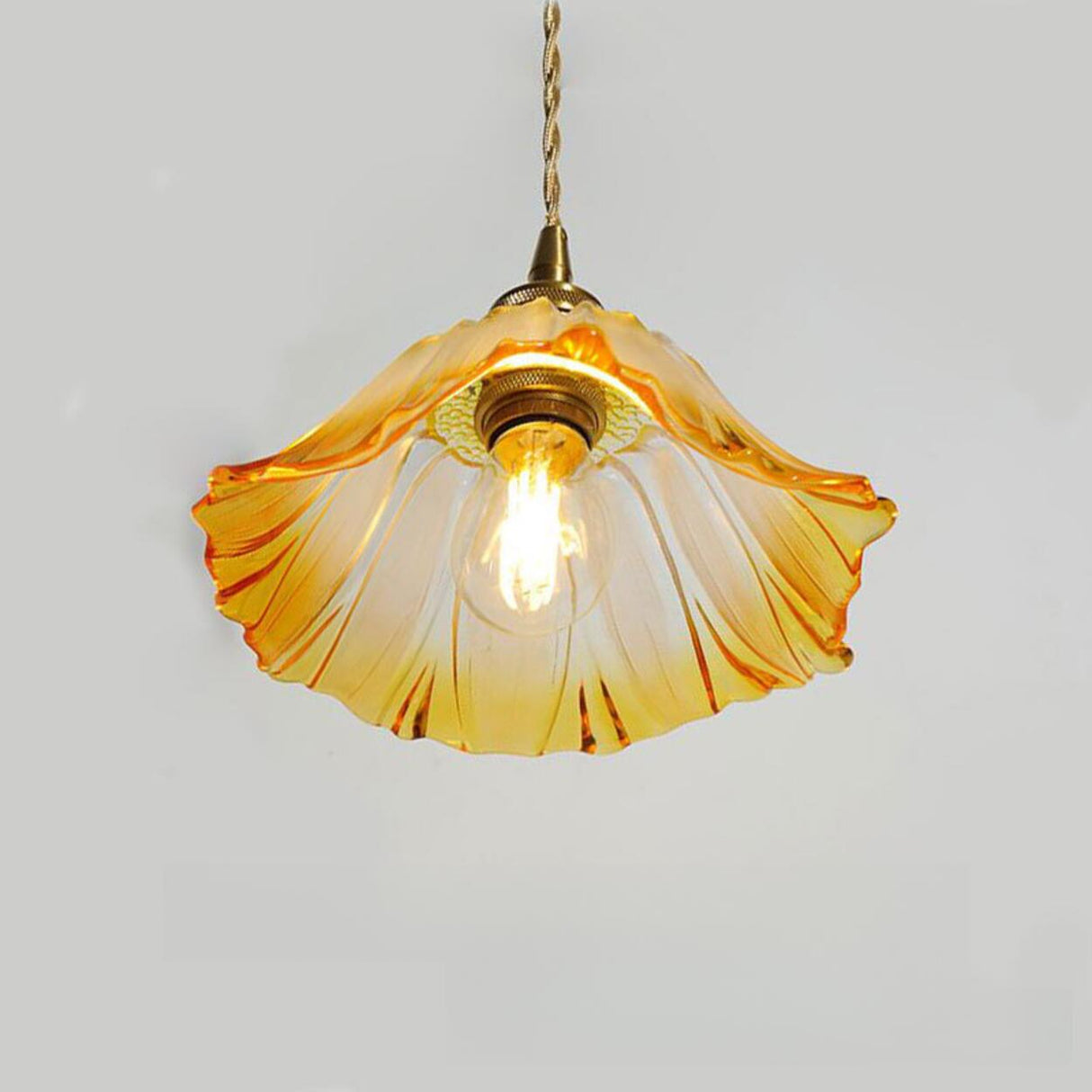 Brass Vintage Amber Glass Flower Pendant Light Image - 9