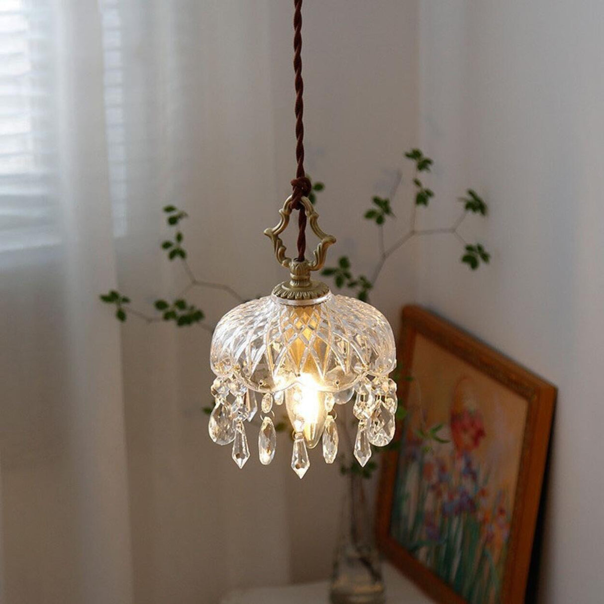 Brass Vintage Clear Glass Cylinder Dome Pendant Light Image - 3