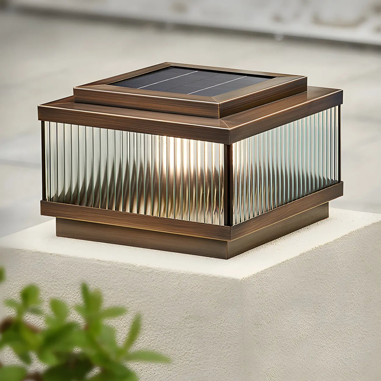 Bronze Modern Solar Square Glass Outdoor Table Lamp Image - 3