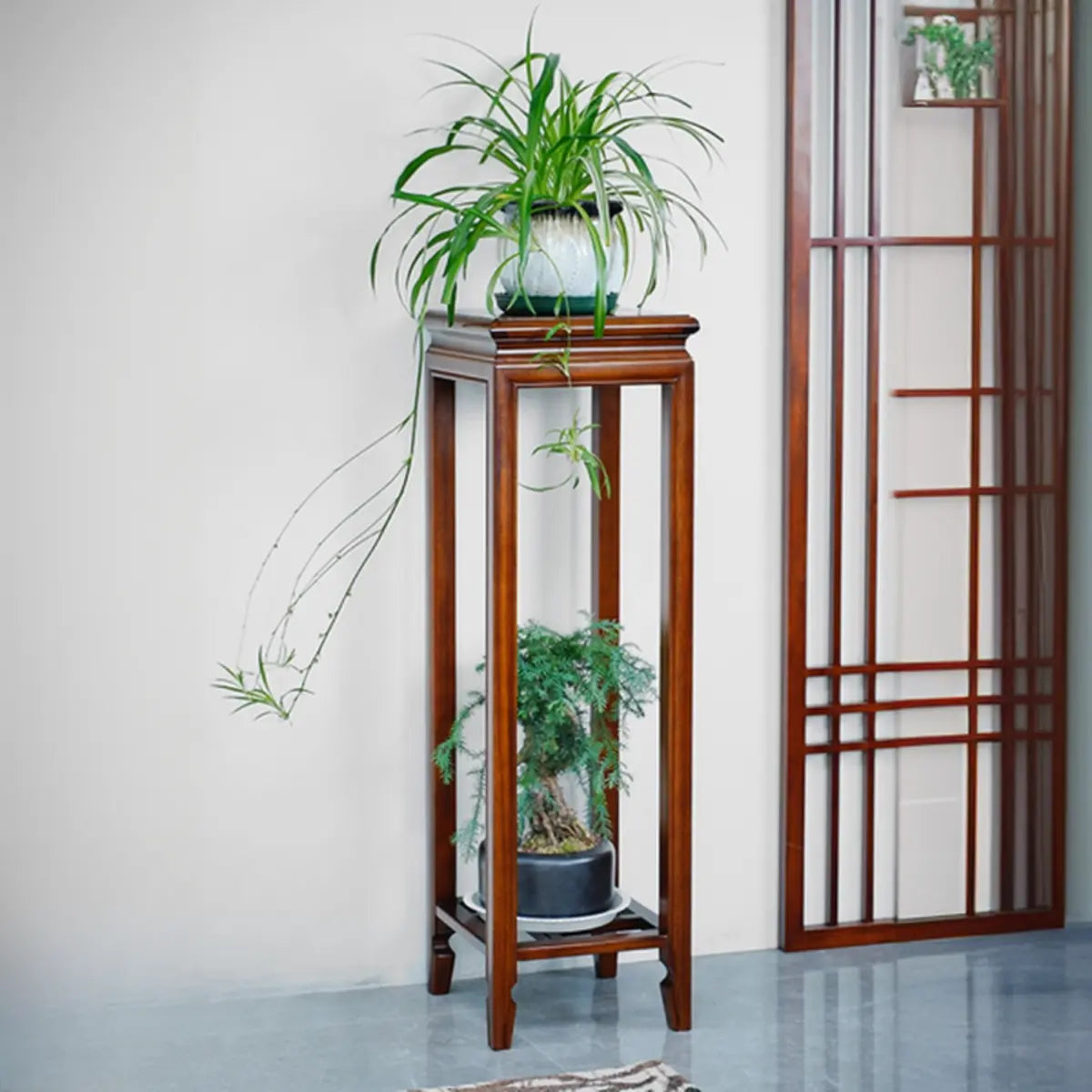 Brown 2-Tier Square Wood Display Table Plant Stand Image - 5