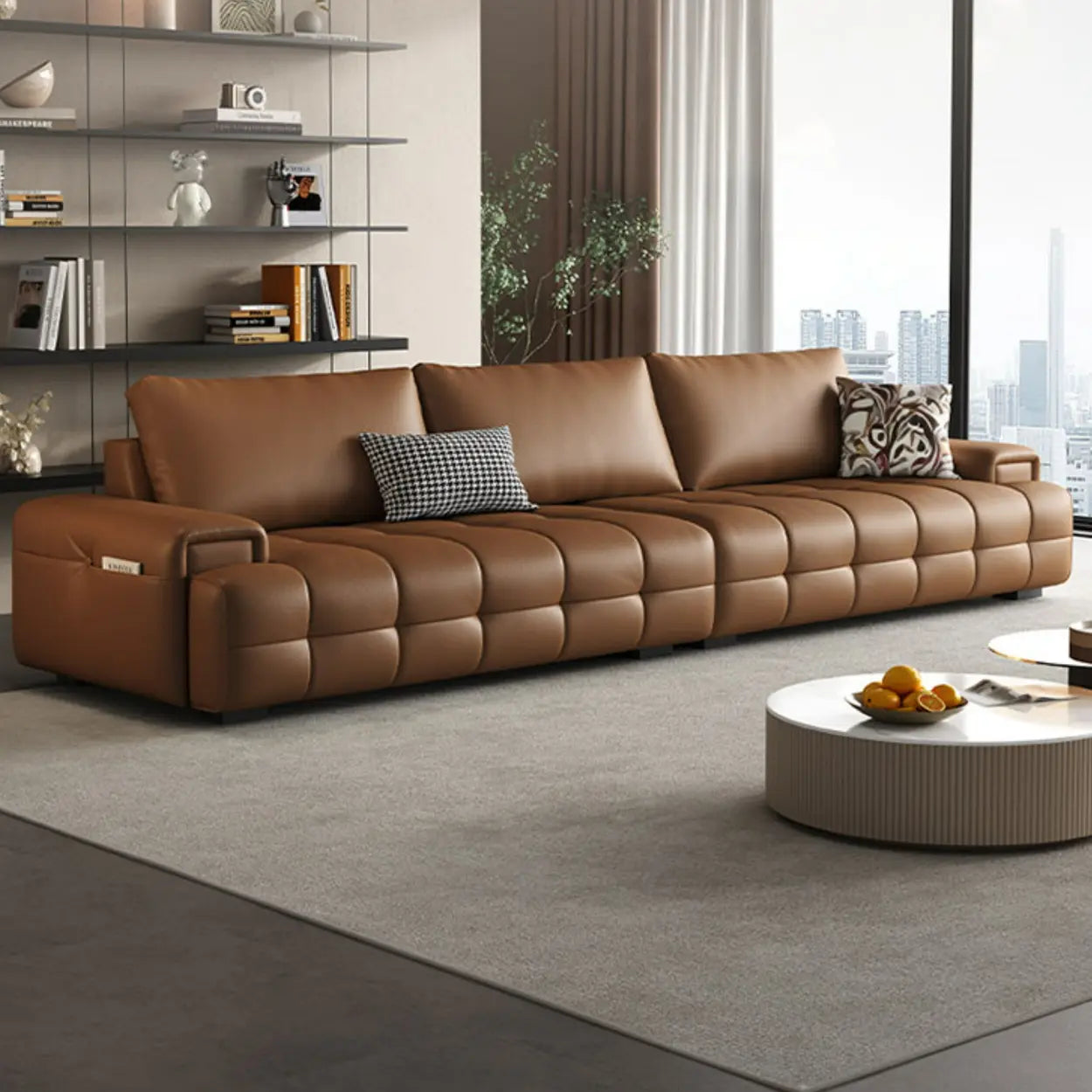 Brown Anti Cat Scratch Leather Storage Extra Long Sofa Image - 1