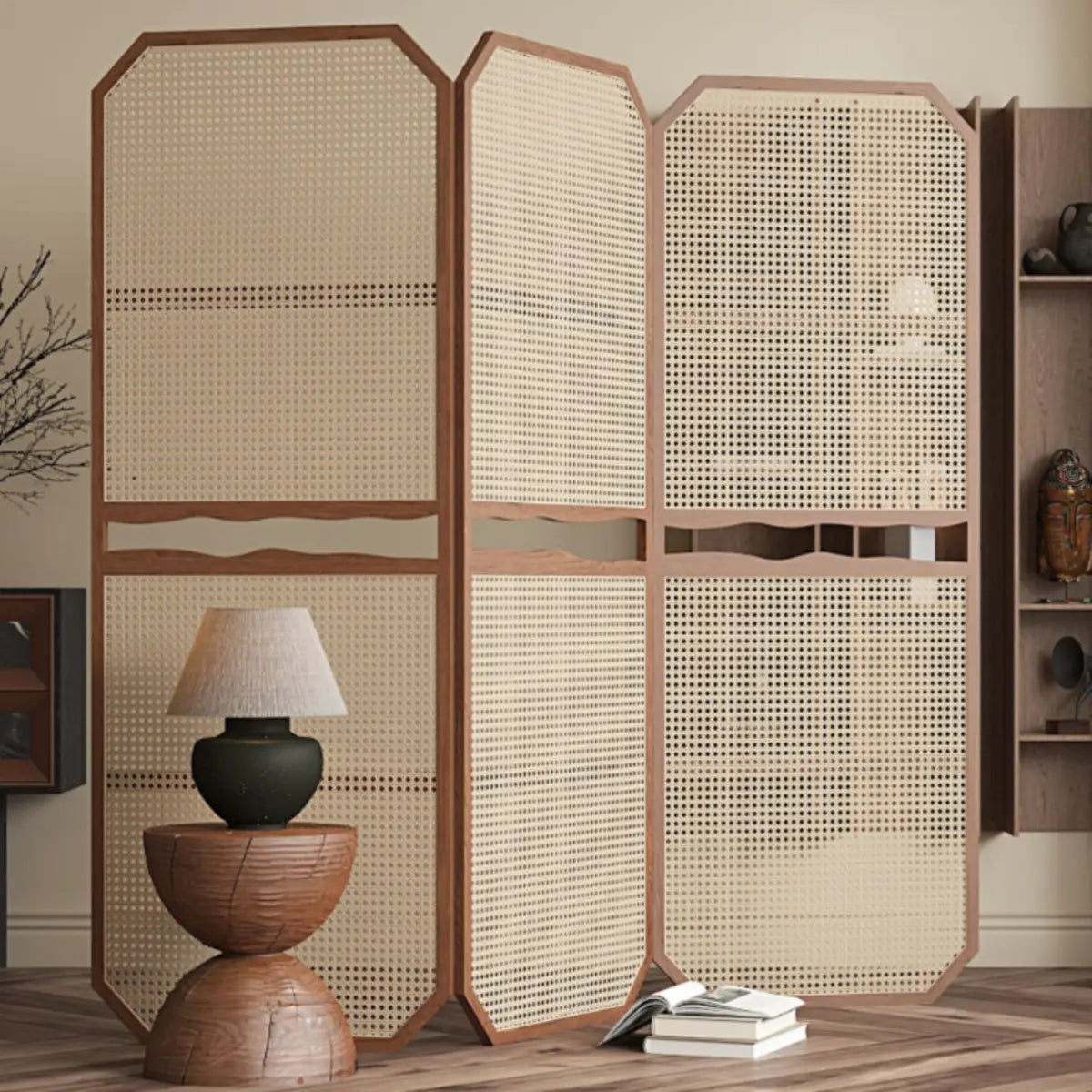 Brown Arched Cane Wood Privacy Folding Room Divider Image - 2