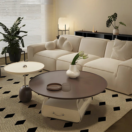 Brown Block Base Round Coffee Table with Storage Image - 1