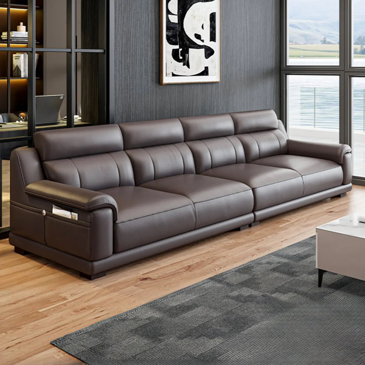 Brown Cow Leather Cushion Back L-Shape Sofa Chaise Image - 5