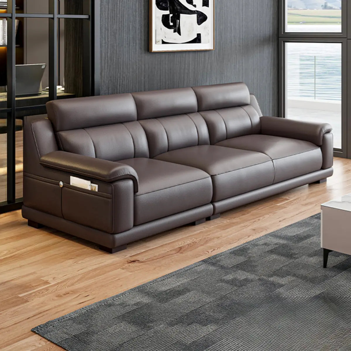 Brown Cow Leather Cushion Back L-Shape Sofa Chaise Image - 7