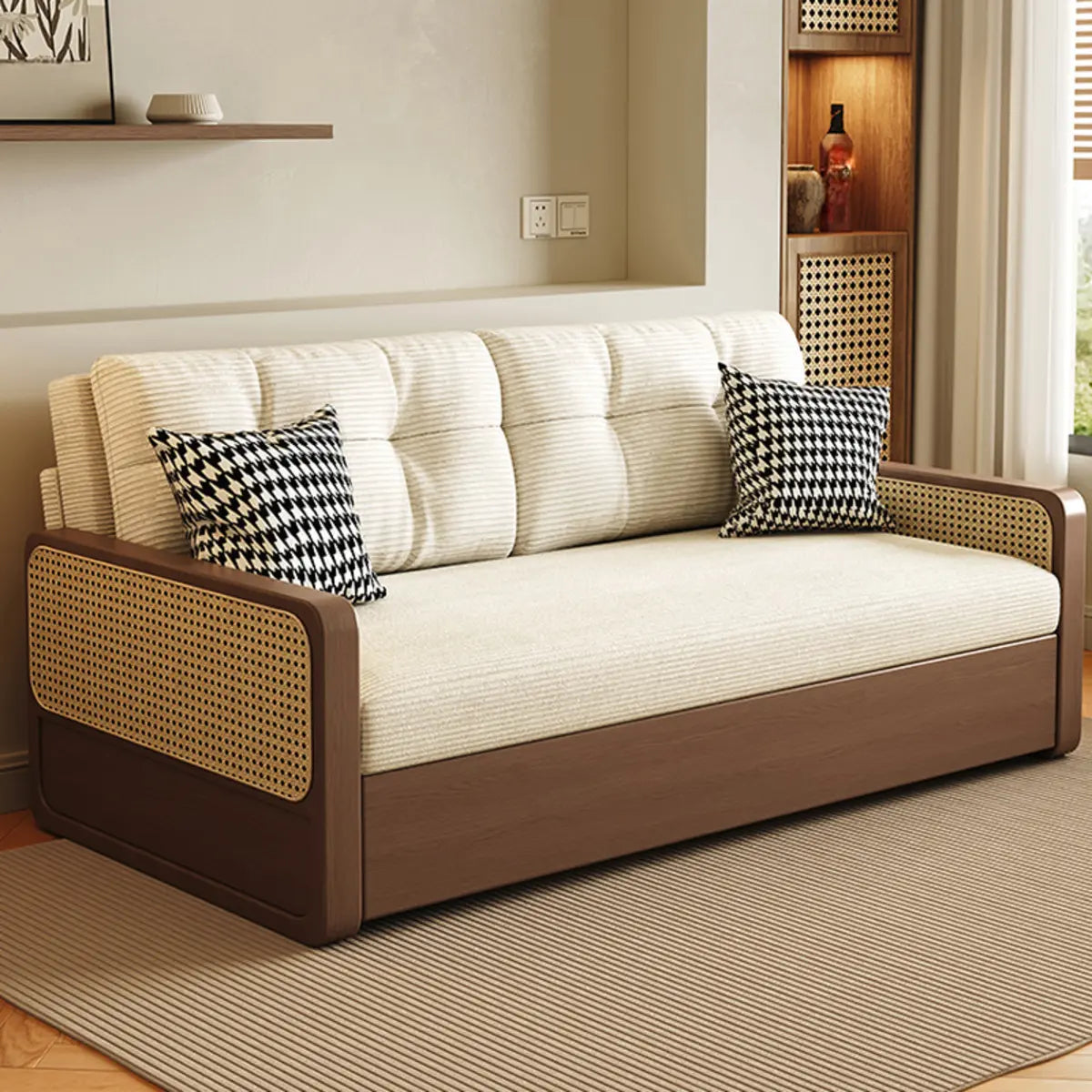 Brown Detachable Mattress Wooden Arms Frame Futon Sofa Image - 1