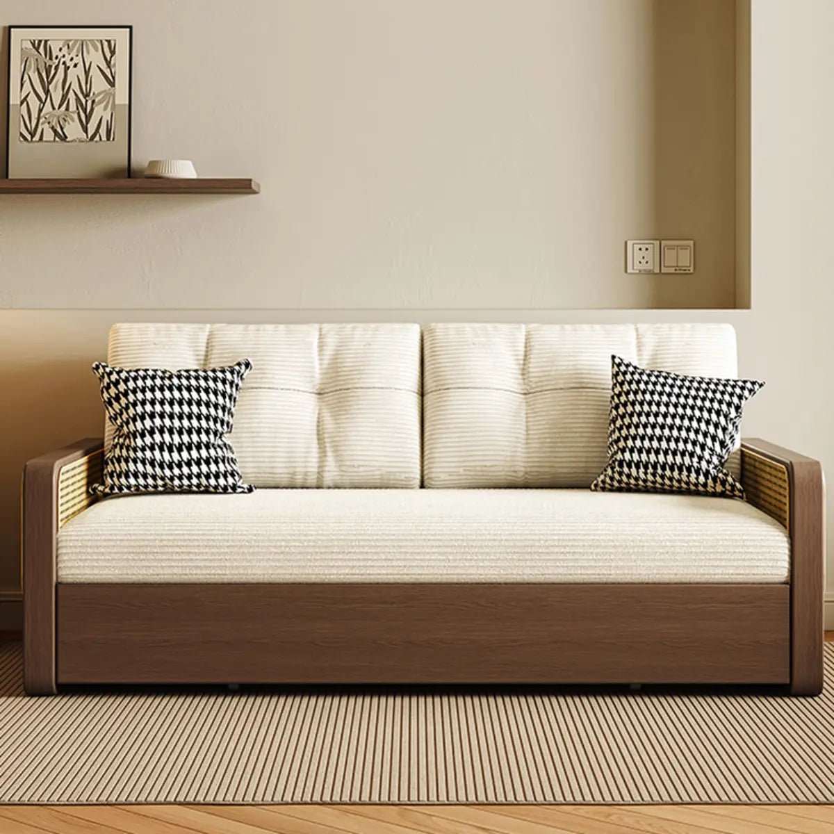 Brown Detachable Mattress Wooden Arms Frame Futon Sofa Image - 6