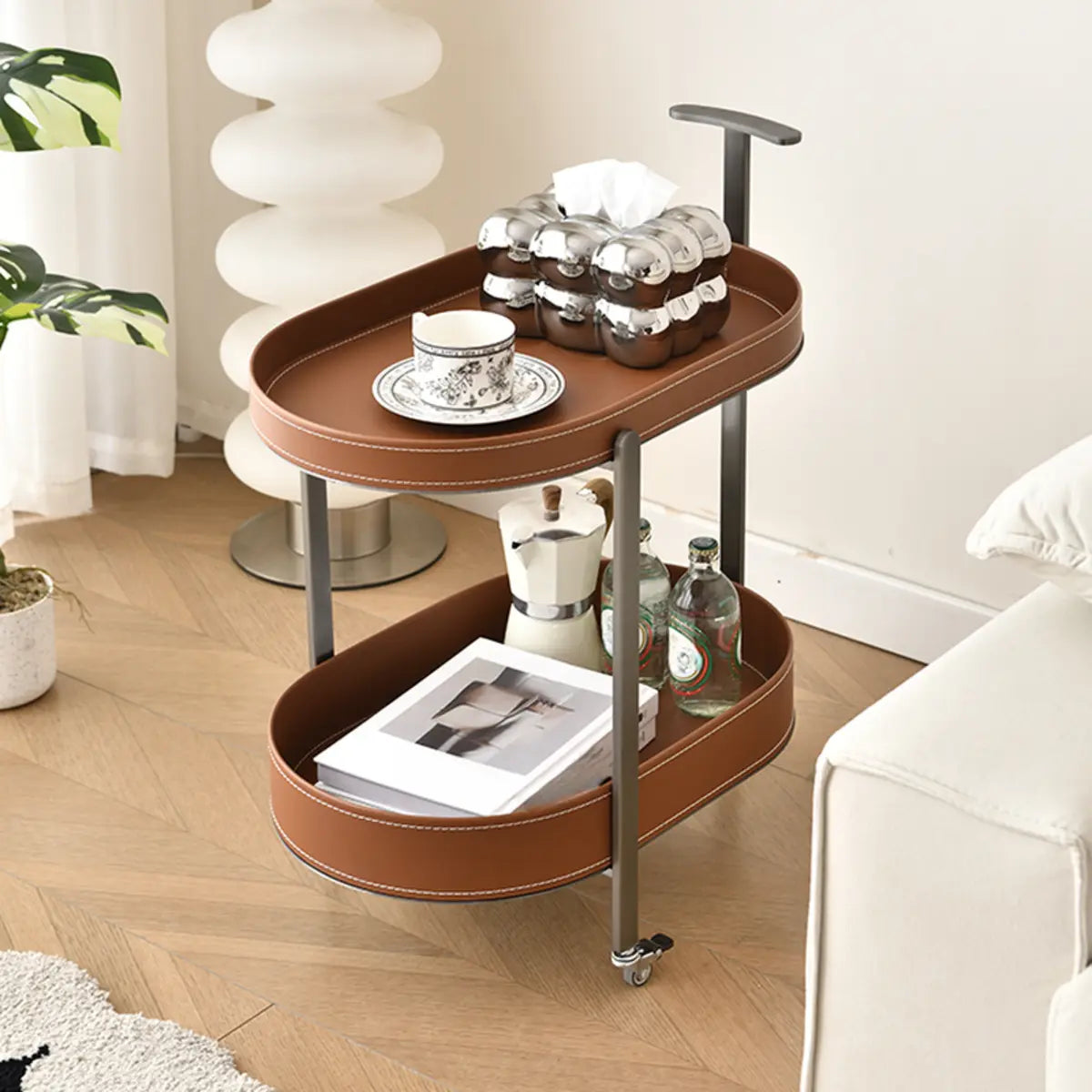 Brown Elliptical Leather Rolling Side Table with Casters Image - 1