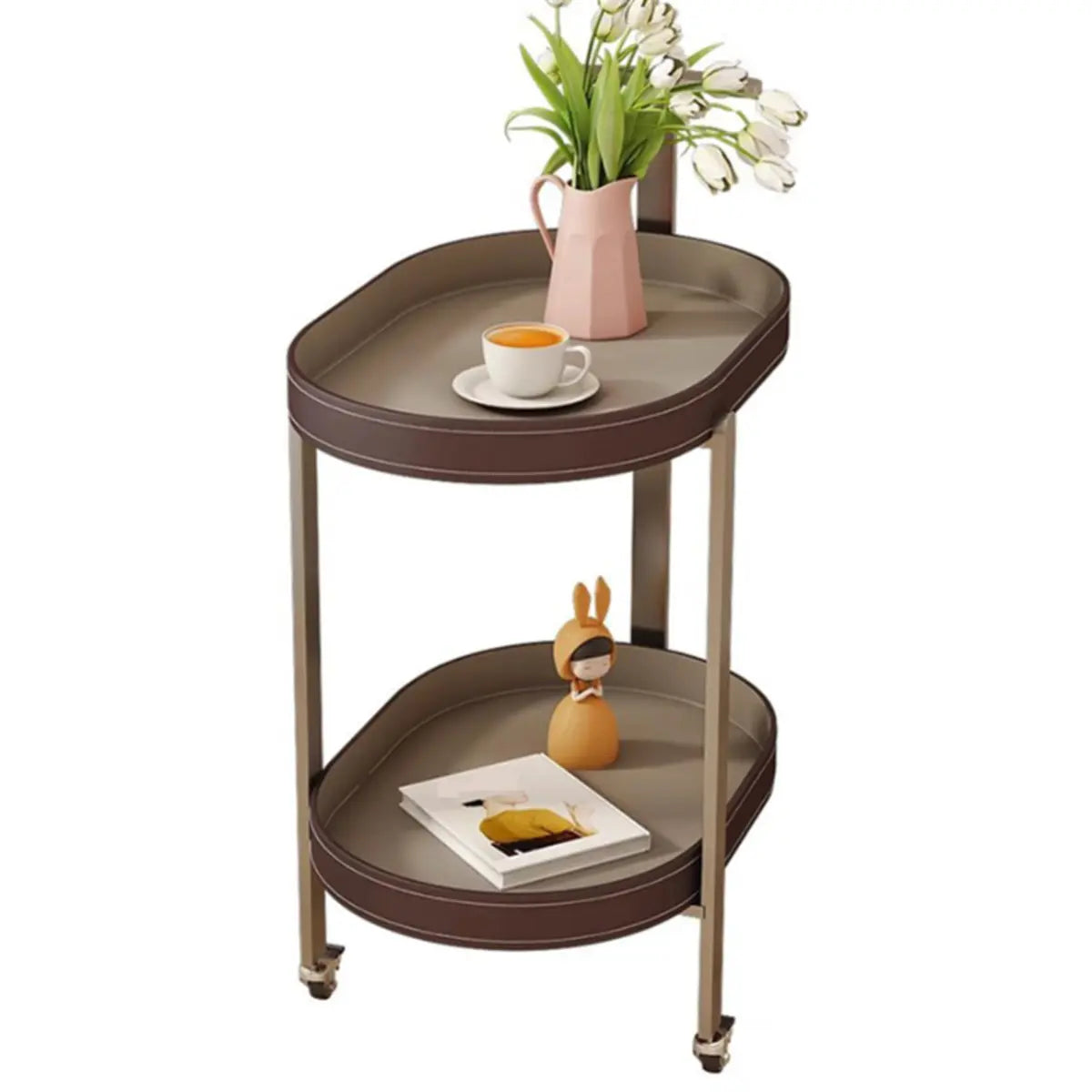 Brown Elliptical Leather Rolling Side Table with Casters Image - 10