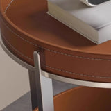 Brown Elliptical Leather Rolling Side Table with Casters Image - 14