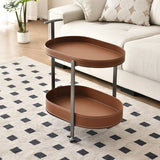 Brown Elliptical Leather Rolling Side Table with Casters Image - 2