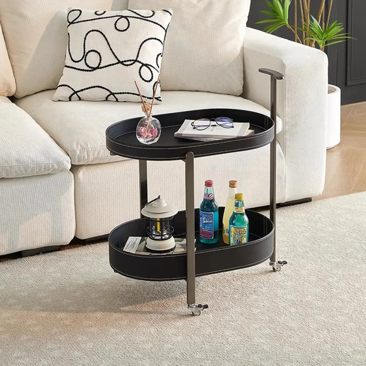 Brown Elliptical Leather Rolling Side Table with Casters Image - 3