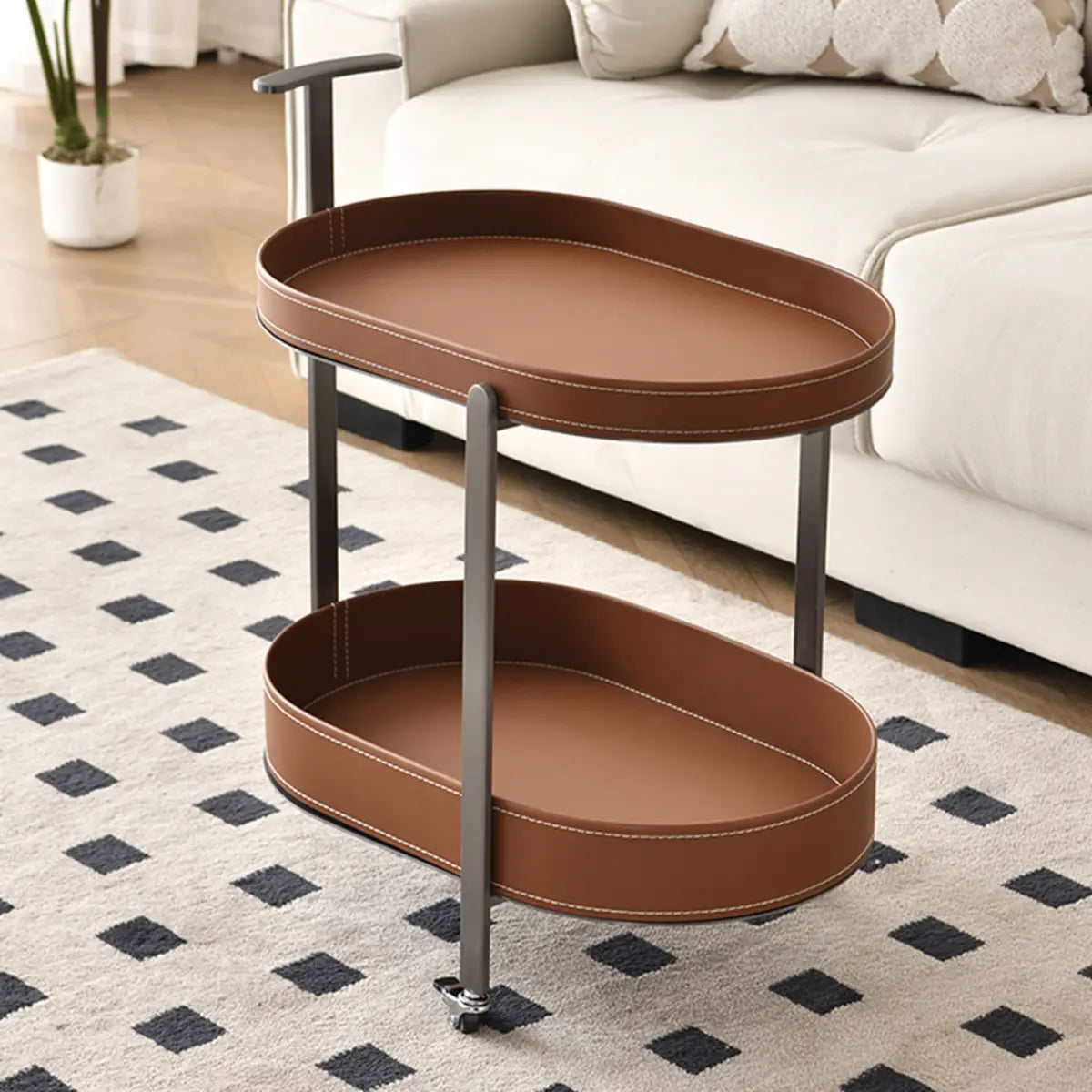 Brown Elliptical Leather Rolling Side Table with Casters Image - 4