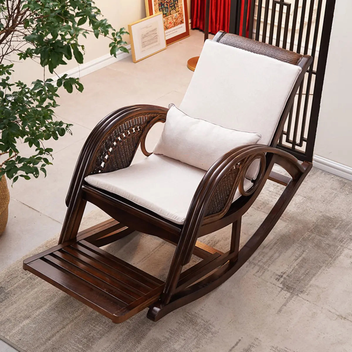 Brown Finish Wooden Rocking Chair with Track Arms Image - 5