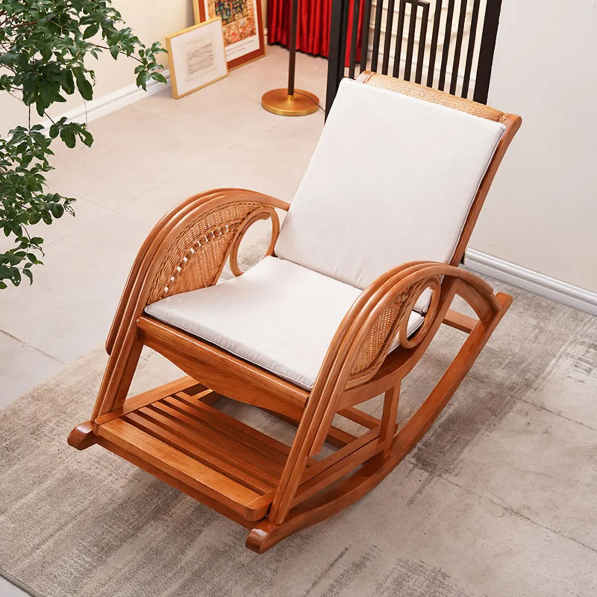 Brown Finish Wooden Rocking Chair with Track Arms Image - 7