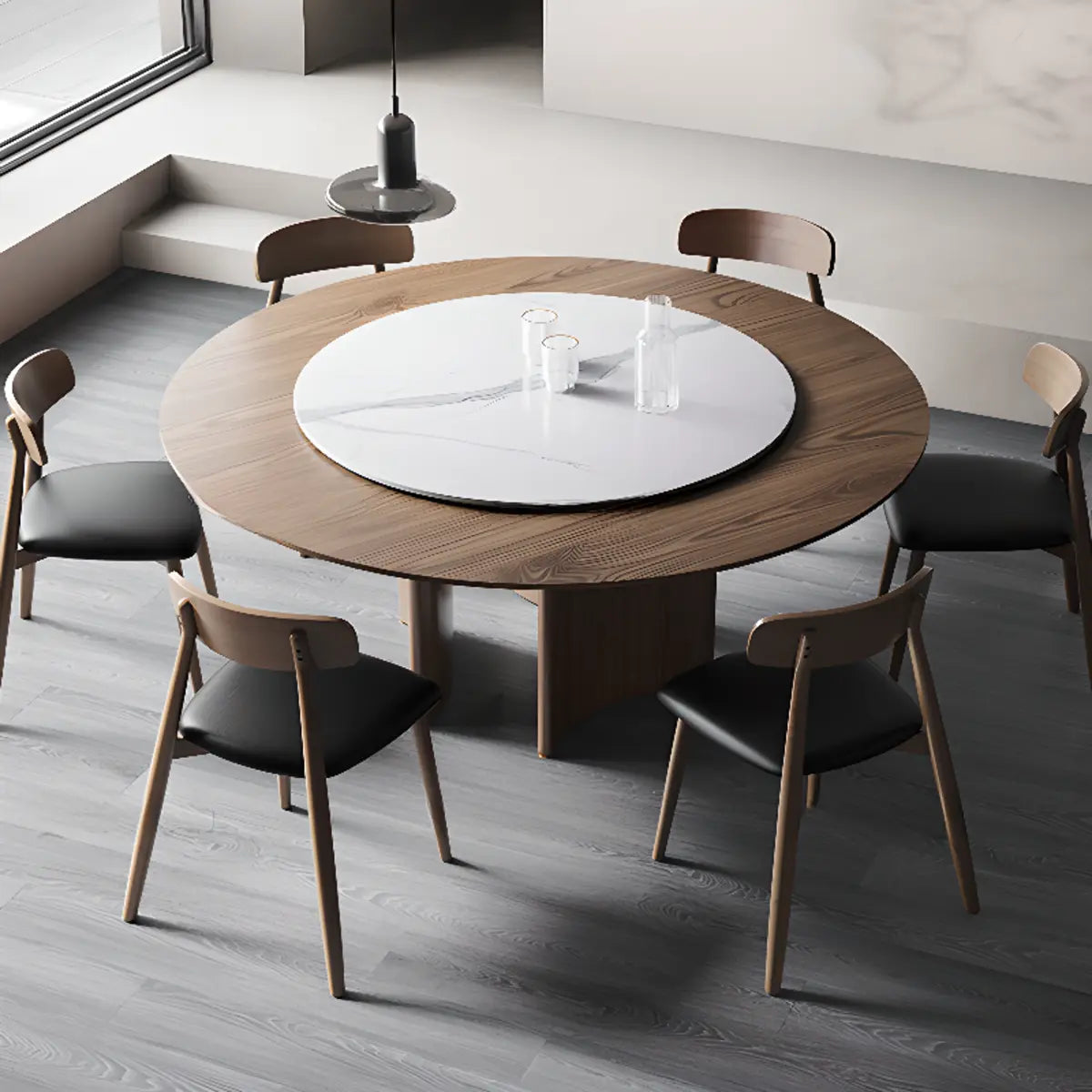 Brown Fixed Round Wood Dining Table Set with Three Legs Image - 2