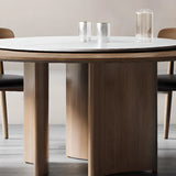 Brown Fixed Round Wood Dining Table Set with Three Legs Image - 3