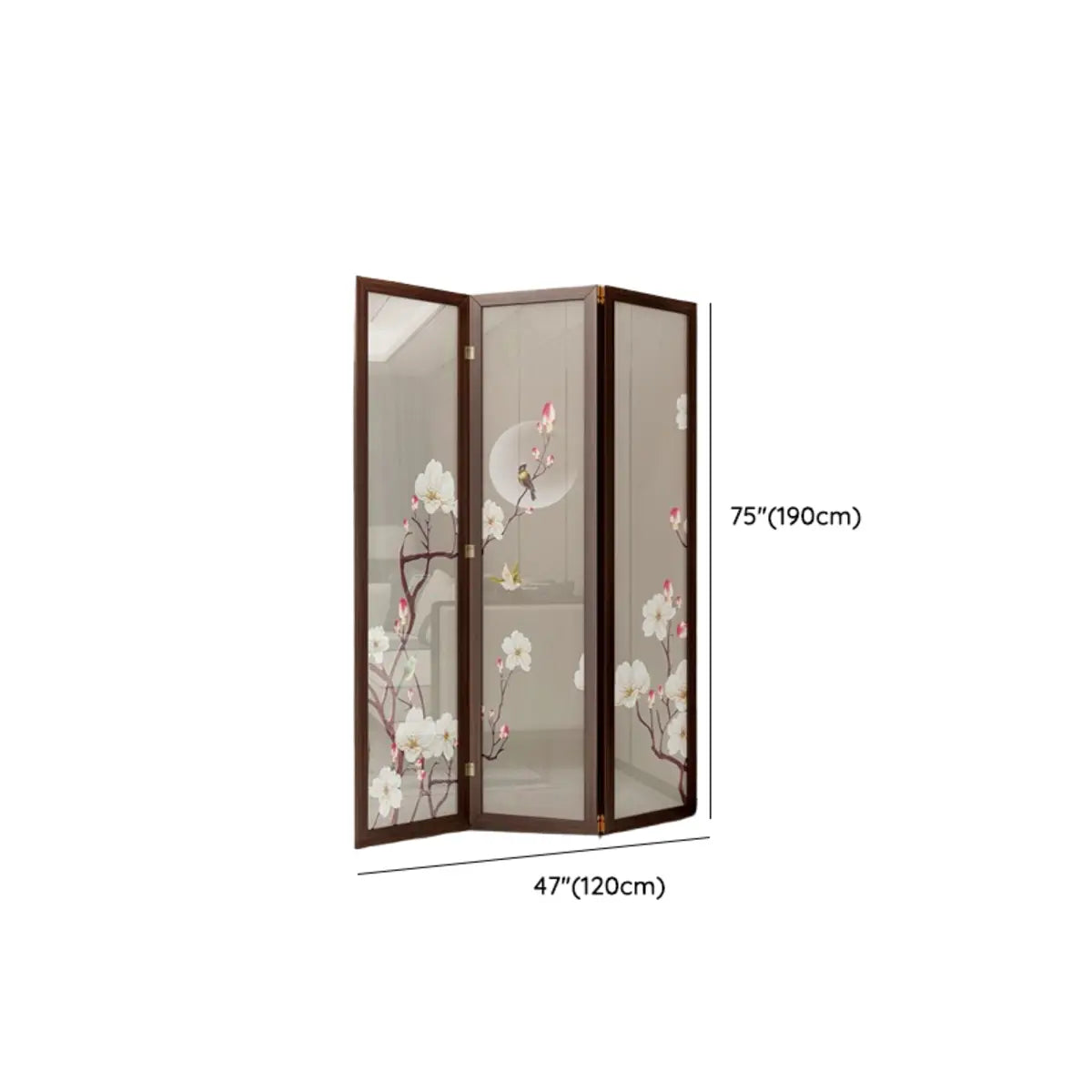 Brown Floral Wood Translucent Gauze Folding Room Divider Image - 10