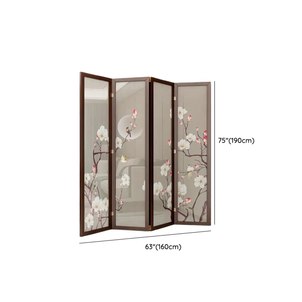 Brown Floral Wood Translucent Gauze Folding Room Divider Image - 12