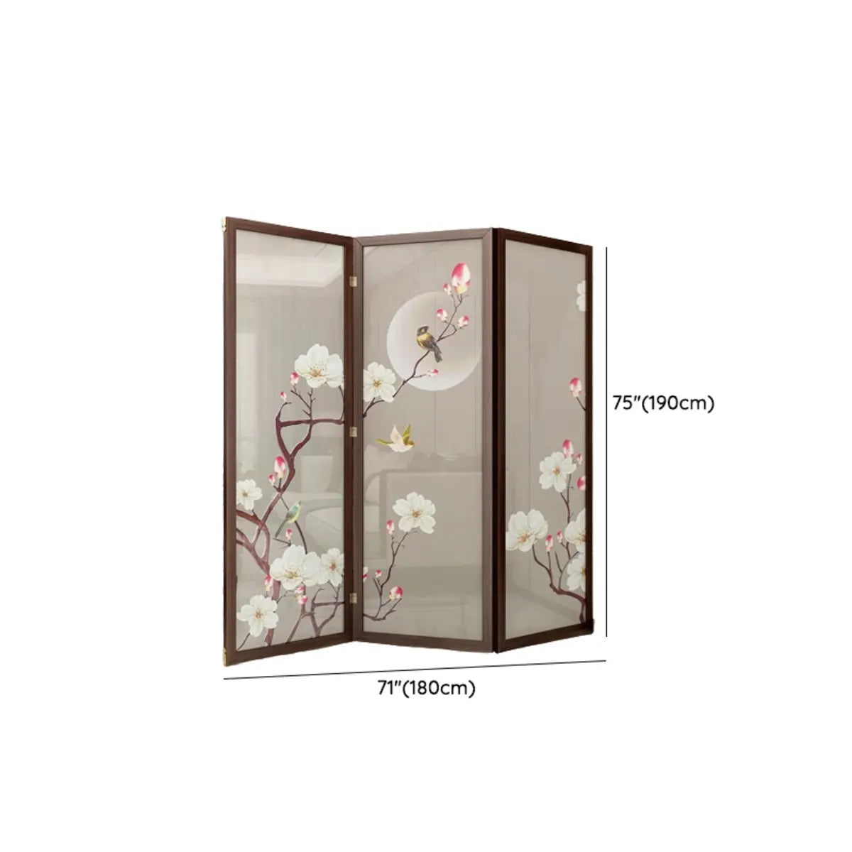 Brown Floral Wood Translucent Gauze Folding Room Divider Image - 15