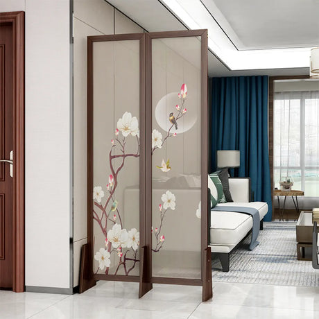 Brown Floral Wood Translucent Gauze Folding Room Divider Image - 2