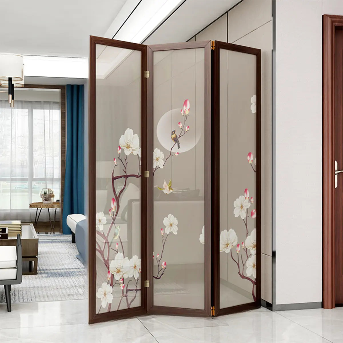 Brown Floral Wood Translucent Gauze Folding Room Divider Image - 5