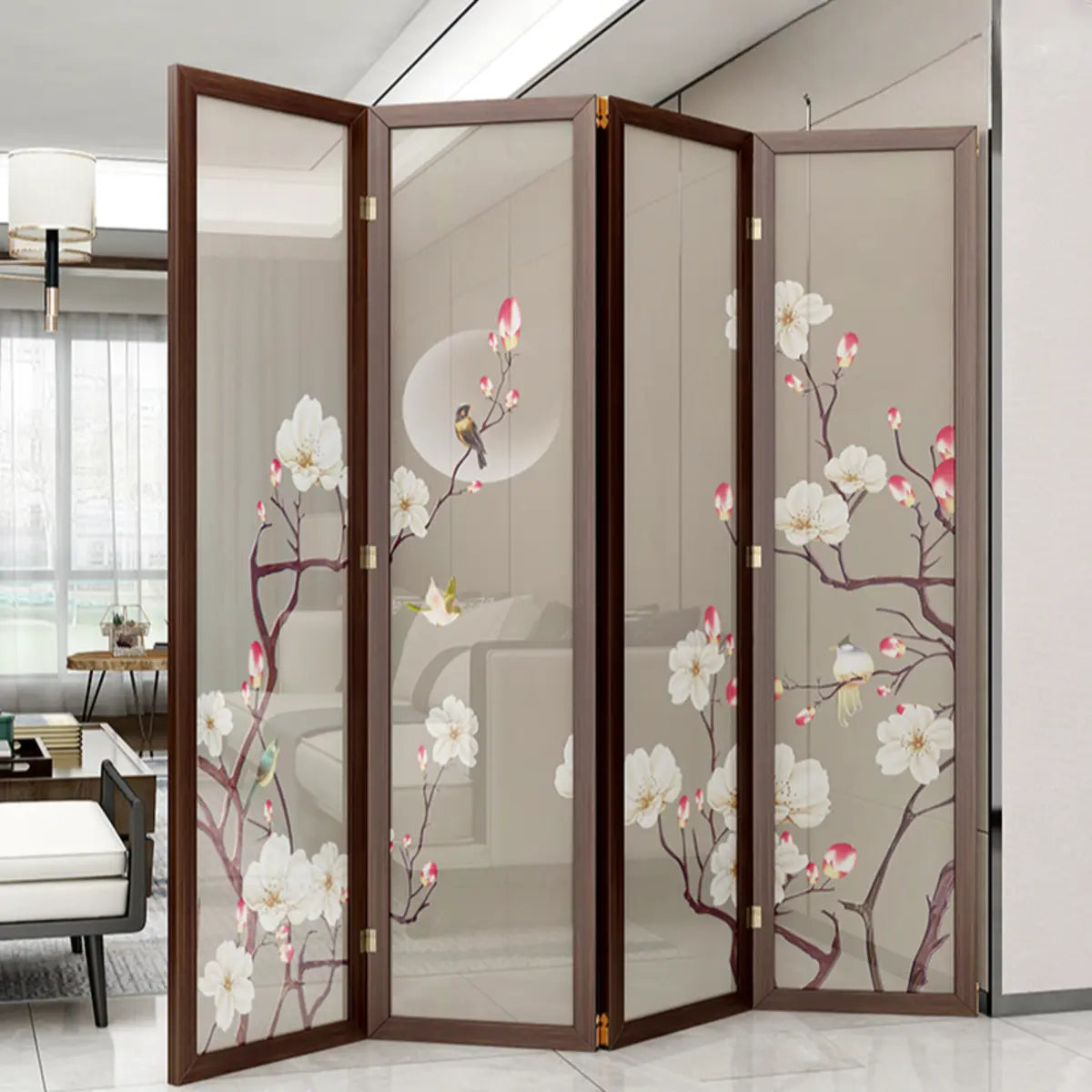 Brown Floral Wood Translucent Gauze Folding Room Divider Image - 6