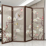 Brown Floral Wood Translucent Gauze Folding Room Divider Image - 7