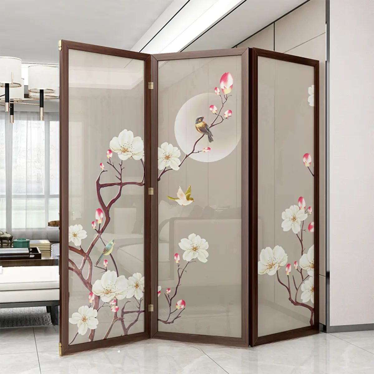 Brown Floral Wood Translucent Gauze Folding Room Divider Image - 8