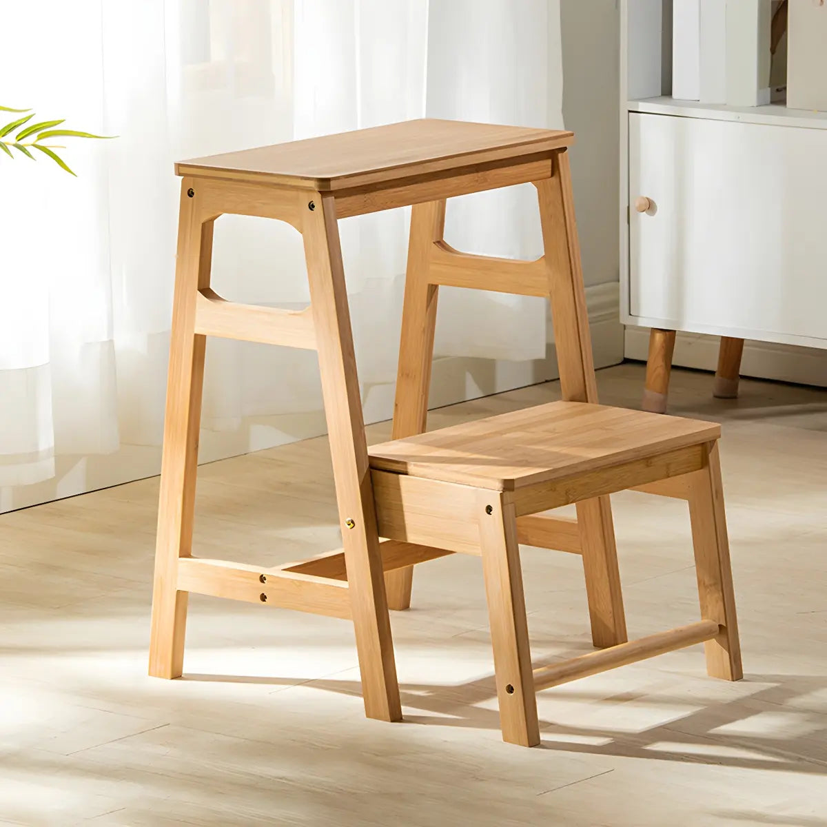 Brown Foldable Wooden Tall Solid Color Vanity Stool Image - 2