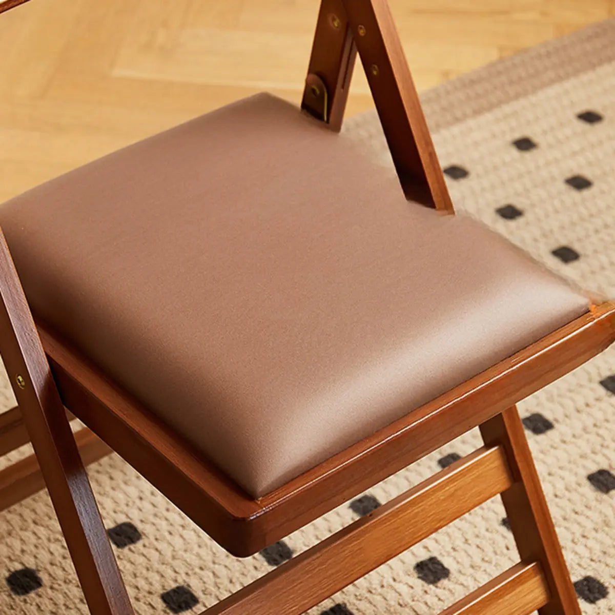 Brown Folding Leather Cushioned Seat Wooden Bar Stool Image - 14