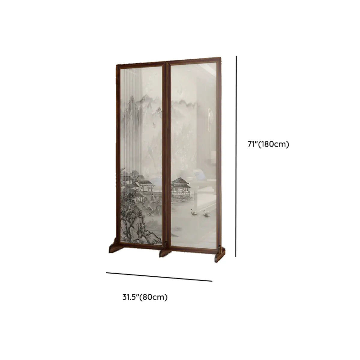 Brown Folding Wood Double Sided Print Scenic Room Divider 