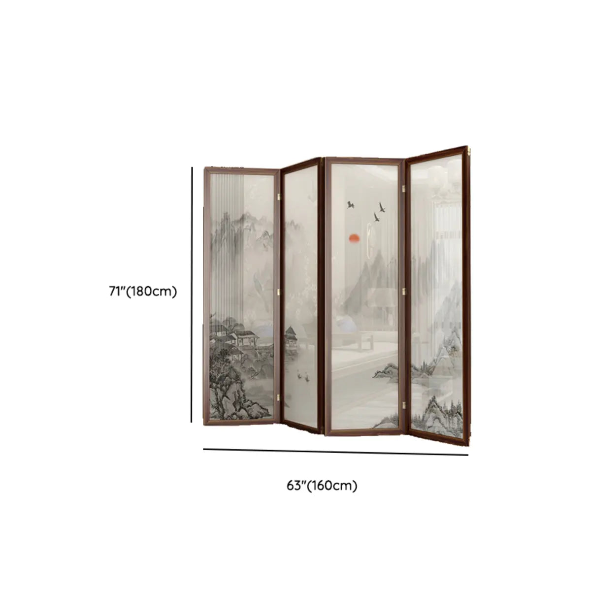 Brown Folding Wood Double Sided Print Scenic Room Divider Image - 18