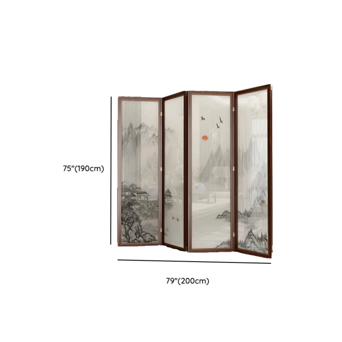 Brown Folding Wood Double Sided Print Scenic Room Divider Image - 27