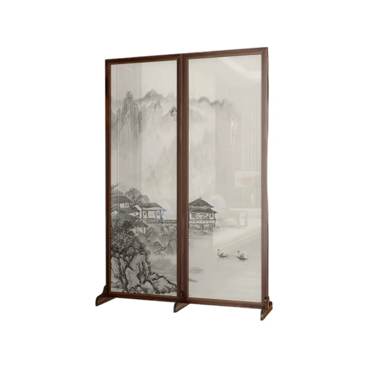 Brown Folding Wood Double Sided Print Scenic Room Divider Image - 4