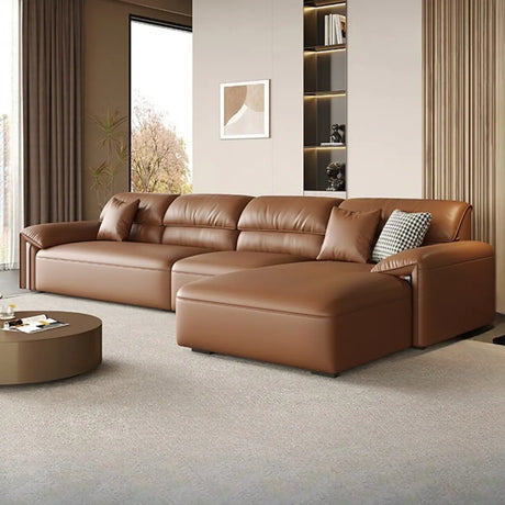 Brown Genuine Leather Cushion Back L-Shape Sofa Chaise Image - 1