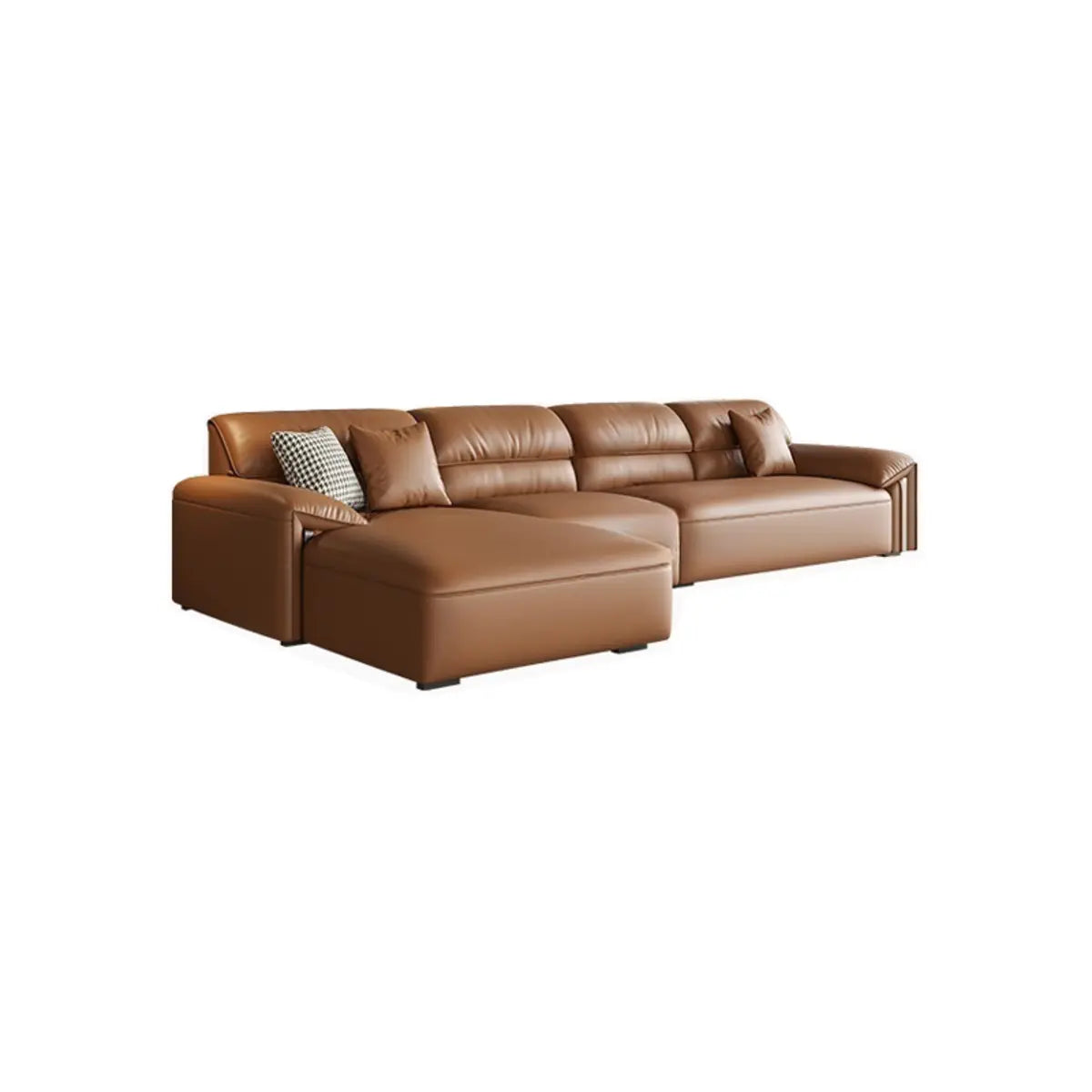 Brown Genuine Leather Cushion Back L-Shape Sofa Chaise Image - 7