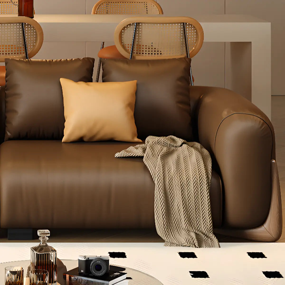 Brown Leather Dark Wood Frame Sofa for Living Room Image - 12