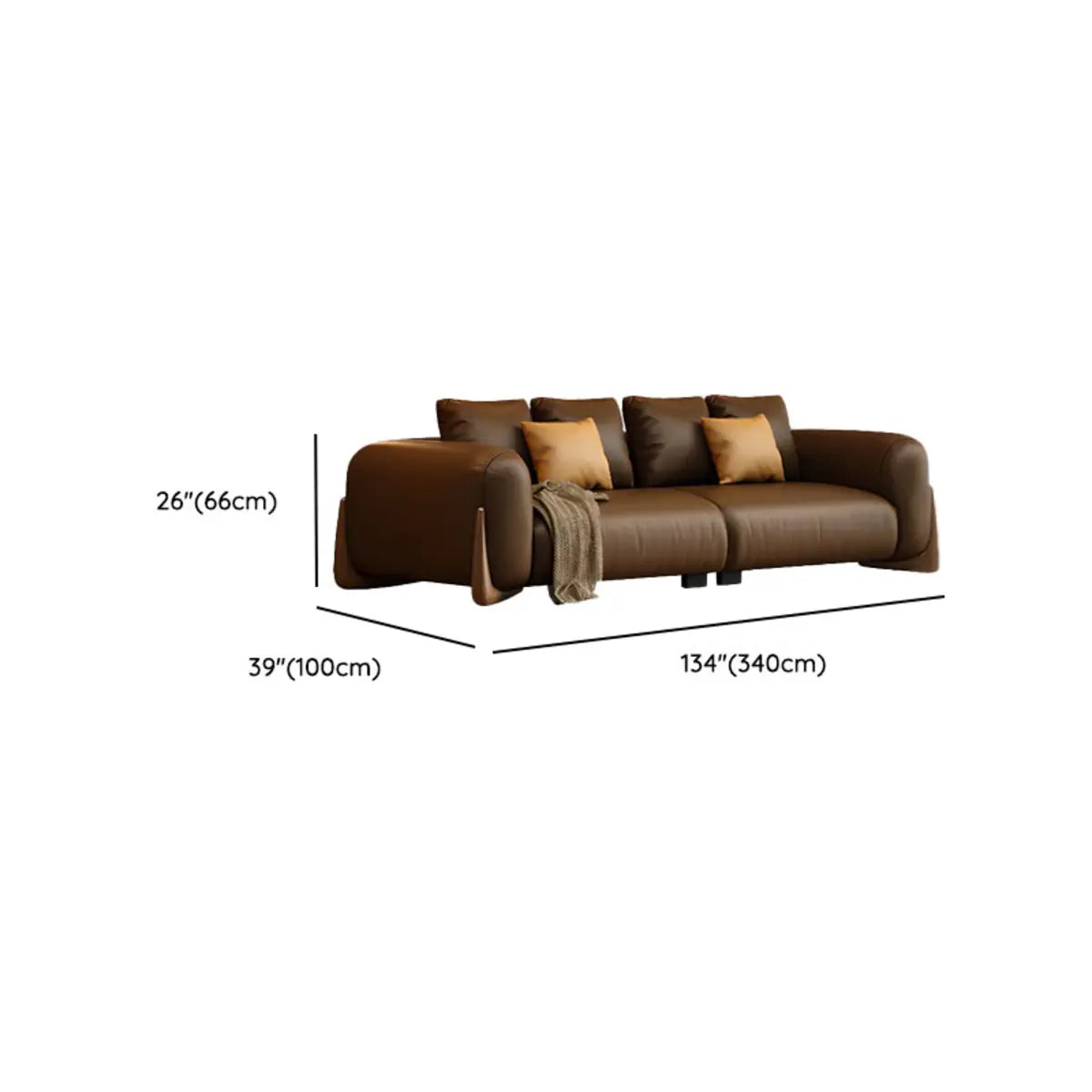 Brown Leather Dark Wood Frame Sofa for Living Room 