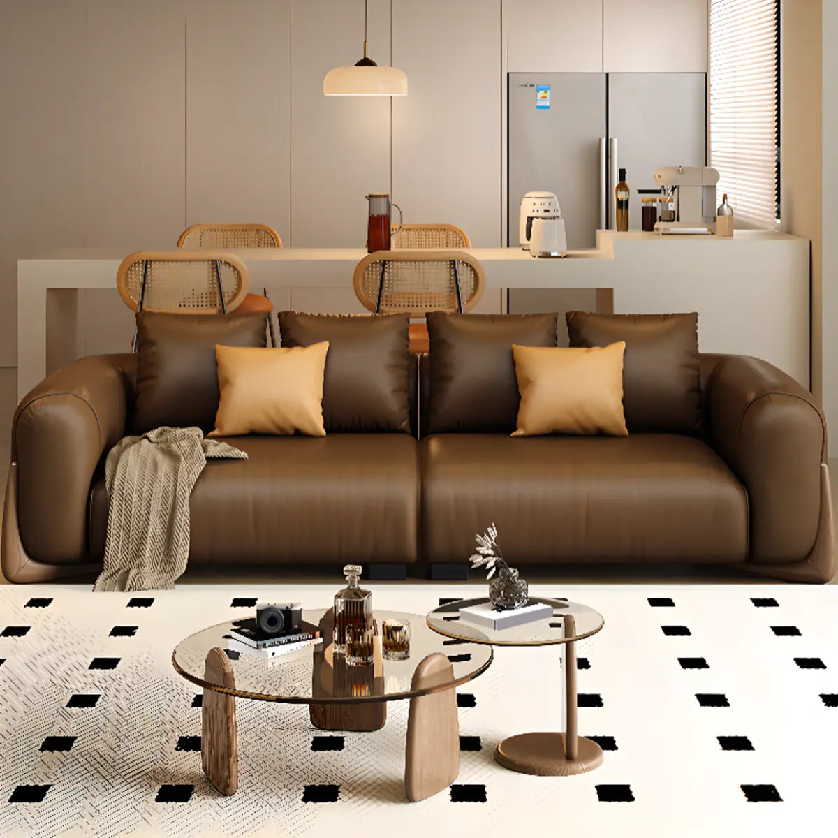 Brown Leather Dark Wood Frame Sofa for Living Room Image - 4