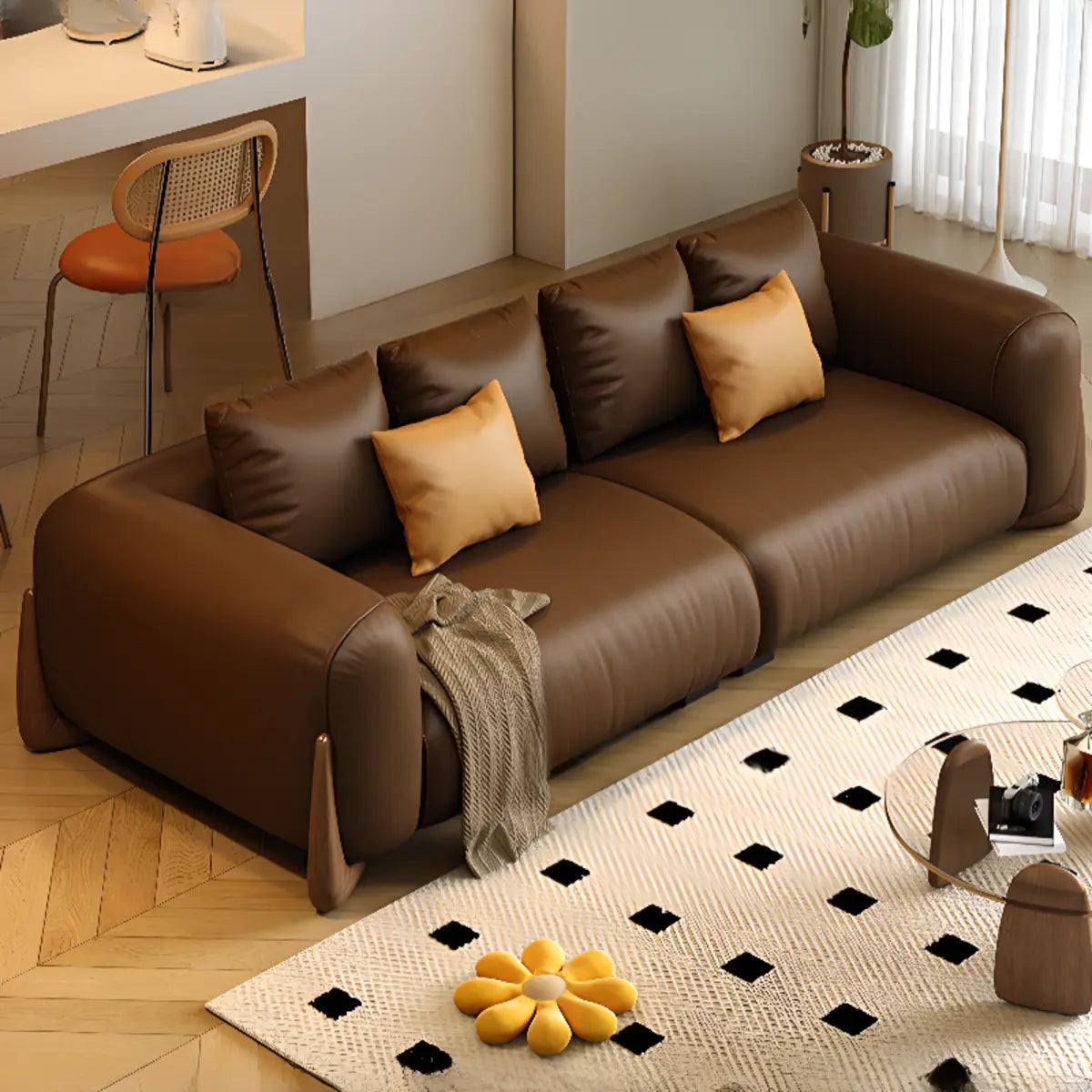 Brown Leather Dark Wood Frame Sofa for Living Room Image - 5