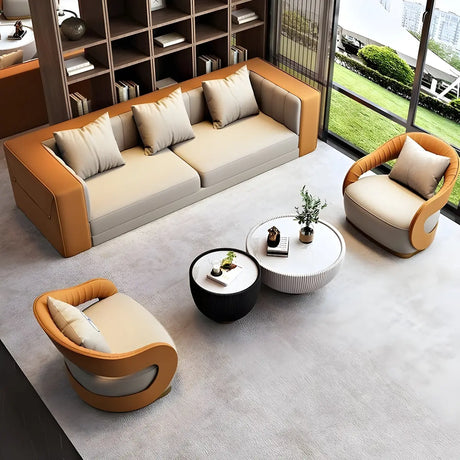 Brown Leather Metal Frame Sofa Seating Group with Table Image - 2