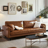 Brown Leather Square Arm Pillow Back Foam Fill Sofa Image - 3