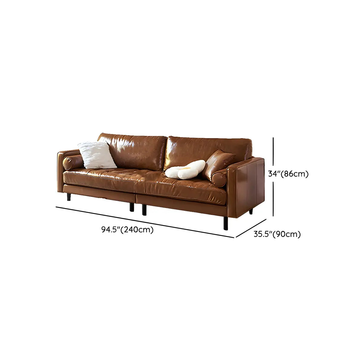 Brown Leather Square Arm Pillow Back Foam Fill Sofa 